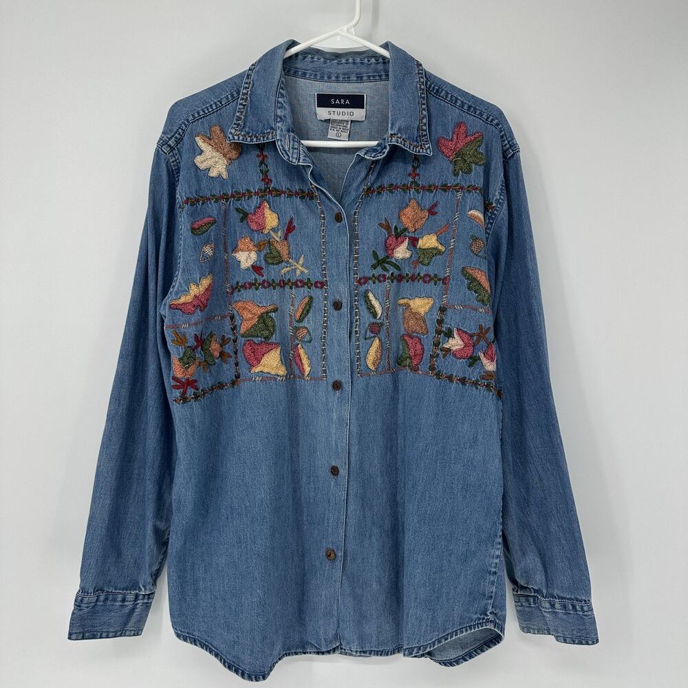 Sara Studio Shirt Womens Large Blue Denim Embroidered Floral Button Front Top